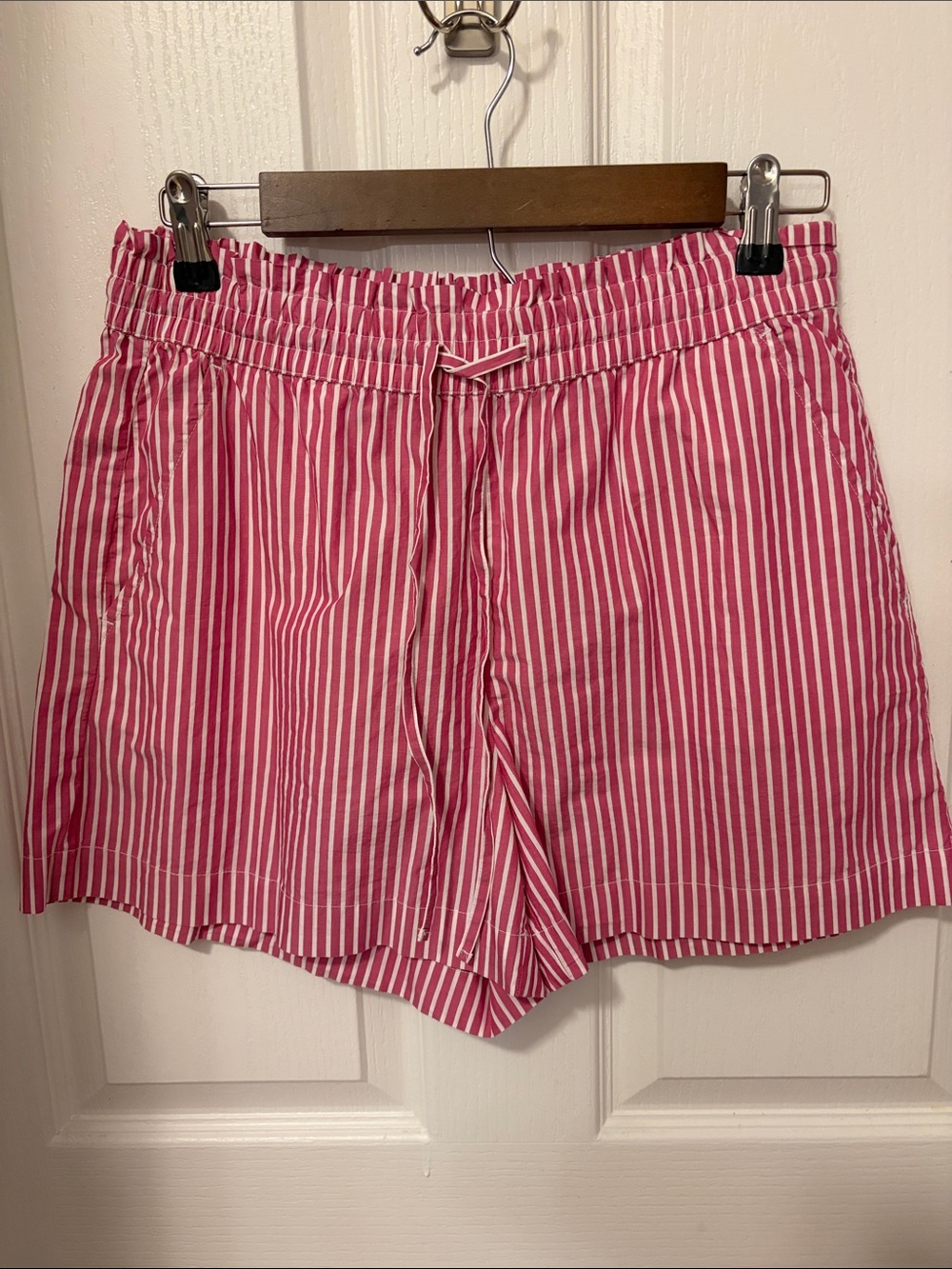 LOFT Pink and White Striped High-Waist Drawstring Shorts